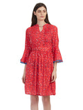 Pleated Flower Printed Medium Length Dress