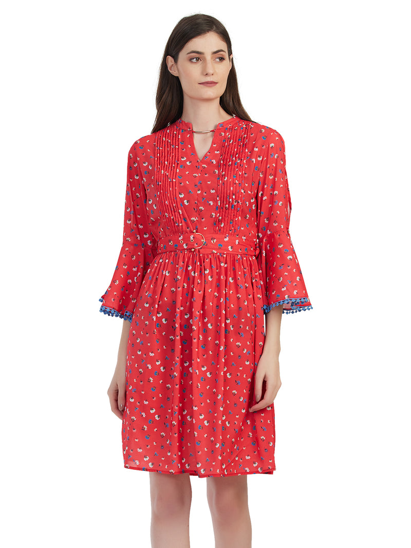 Pleated Flower Printed Medium Length Dress