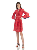 Pleated Flower Printed Medium Length Dress