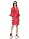 Pleated Flower Printed Medium Length Dress