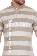 Striped Men Mandarin Collar Grey T-Shirt