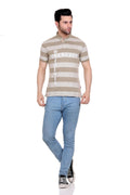 Striped Men Mandarin Collar Grey T-Shirt