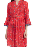 Pleated Flower Printed Medium Length Dress