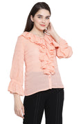 Ruffled Bell Sleeve Buttoned Top