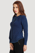 Solid Denim Front Zipper Cardigan - MODA ELEMENTI