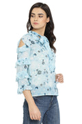 Flower art Sleeve Top_Tie Neck Top