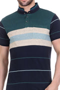 Striped Men Mandarin Collar Green T-Shirt