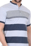 Striped Men Mandarin Collar Navy Blue T-Shirt