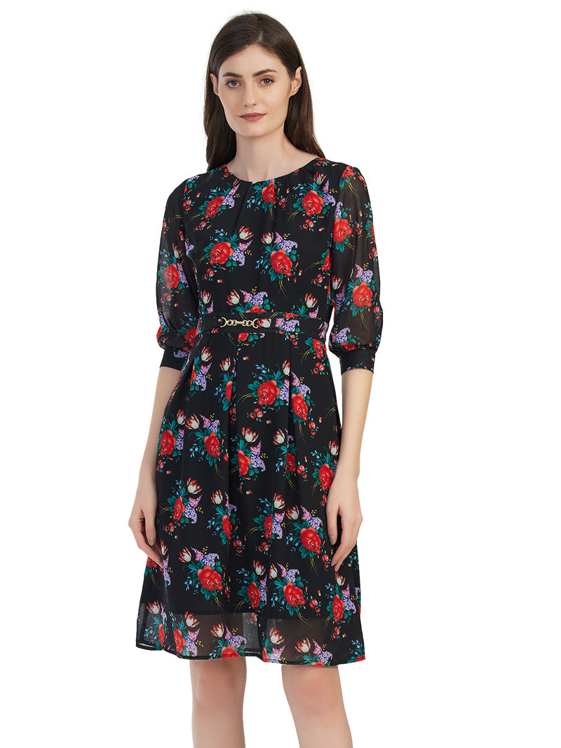 Trendy_Rose_printed Black_Dress