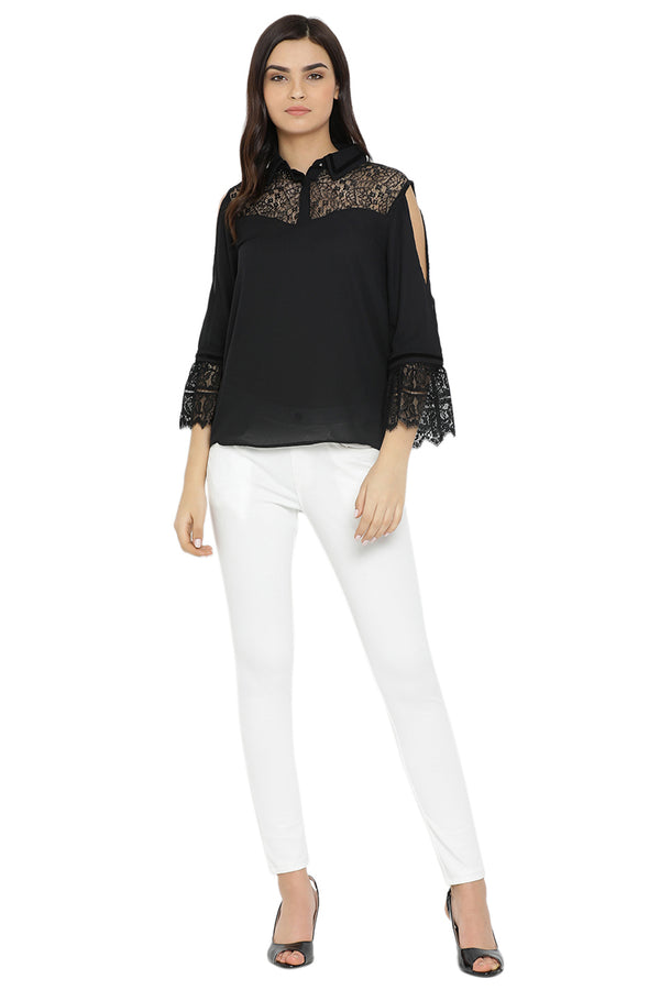 Solid Black Lace Casual Top