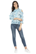 Flower art Sleeve Top_Tie Neck Top