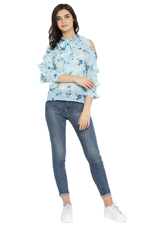 Flower art Sleeve Top_Tie Neck Top