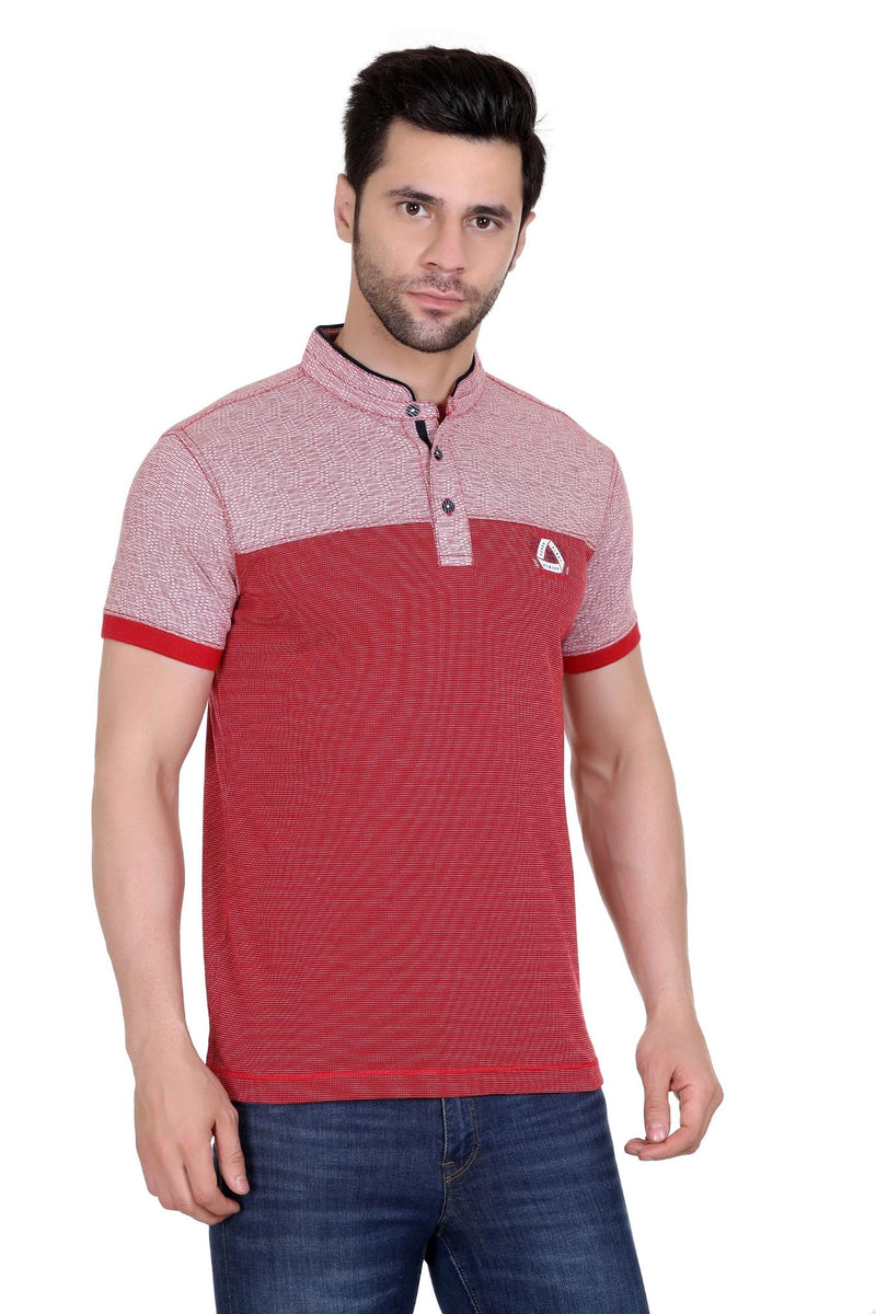 Self Design Men Mandarin Collar Red T-Shirt