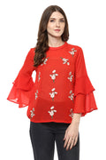 Floral Embroidery Bell Sleeve Top - MODA ELEMENTI