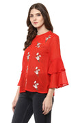 Floral Embroidery Bell Sleeve Top - MODA ELEMENTI