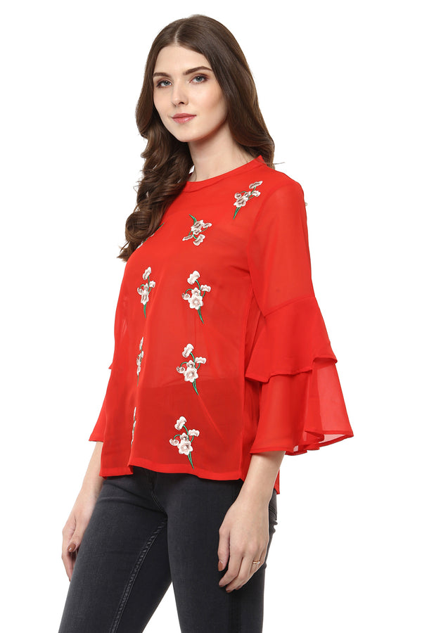 Floral Embroidery Bell Sleeve Top - MODA ELEMENTI
