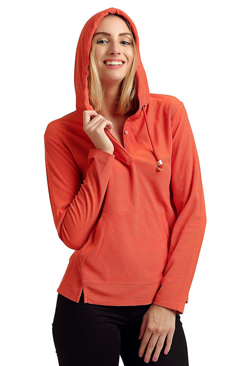 Solid Hood Buttoned Full Sleeve Sweatshirt - MODA ELEMENTI