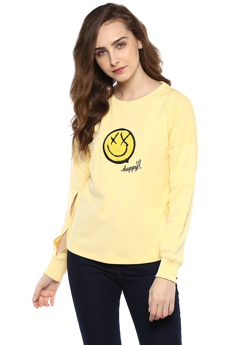 Yellow Solid Round Neck Winter Top