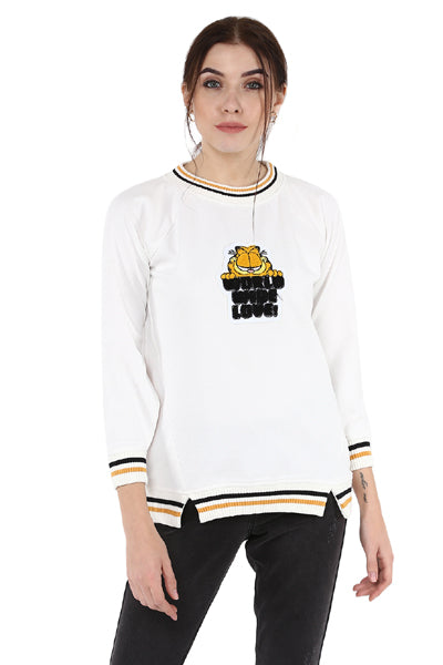 Off White Round Neck Patch Winter Top - MODA ELEMENTI
