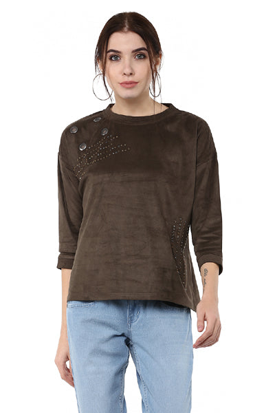 Round Neck Suede Design Winter Top - MODA ELEMENTI