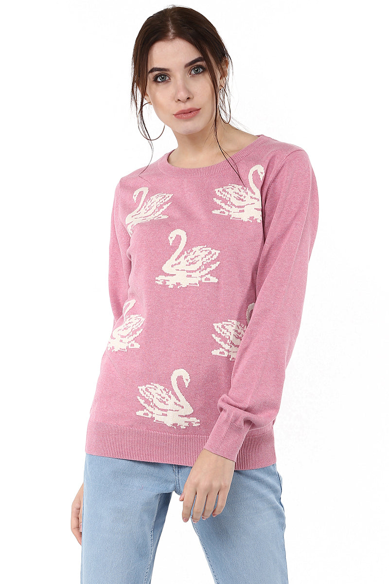 Swan Intarsia Round Neck Jumper - MODA ELEMENTI