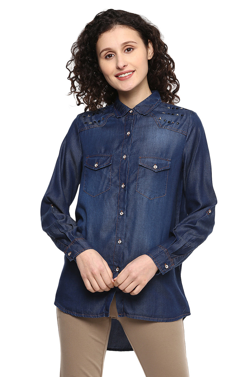 Denim Self Designed Casual Shirt - MODA ELEMENTI