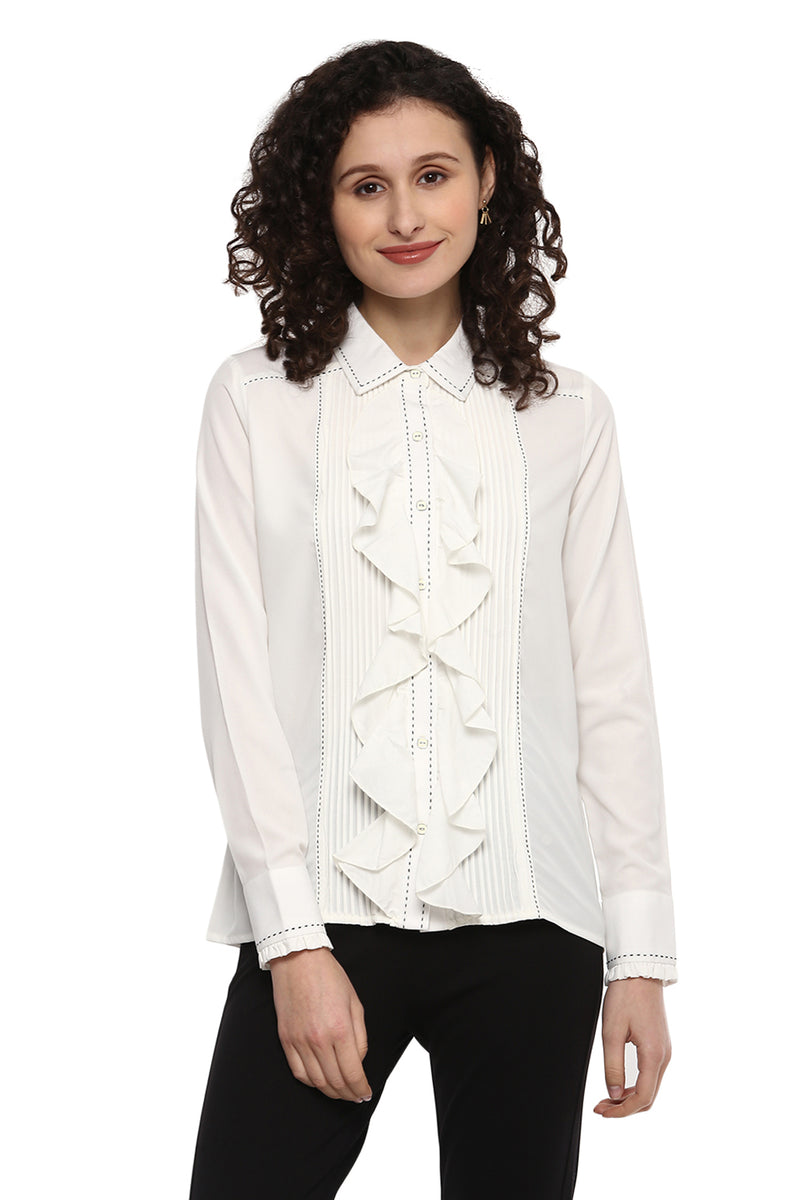 Front Ruffle Solid Casual Shirt - MODA ELEMENTI