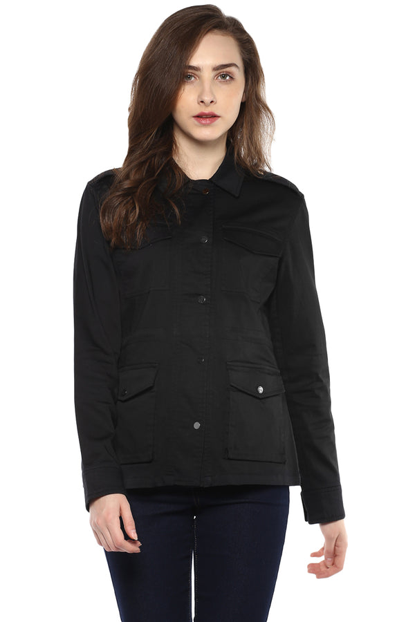 Black Solid Buttoned Cotton Jacket - MODA ELEMENTI