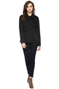 Black Solid Buttoned Cotton Jacket - MODA ELEMENTI