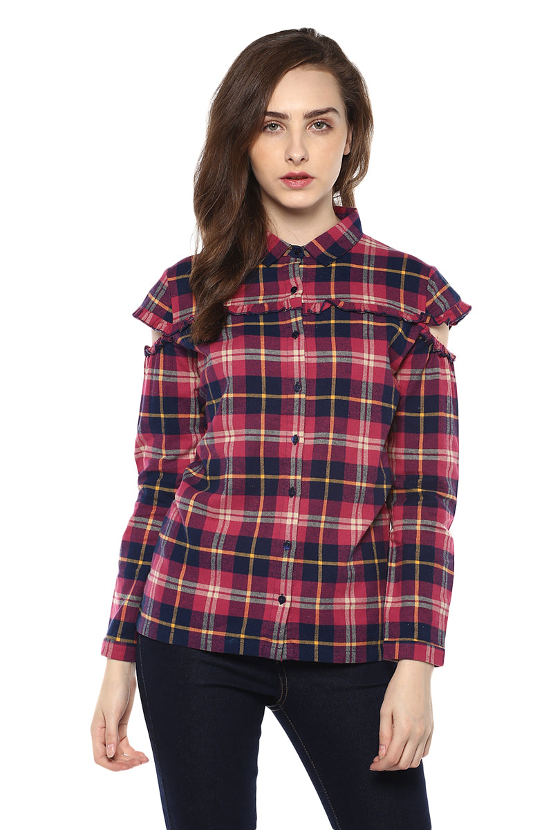 Checkered Cold Shoulder Winter Shirt - MODA ELEMENTI