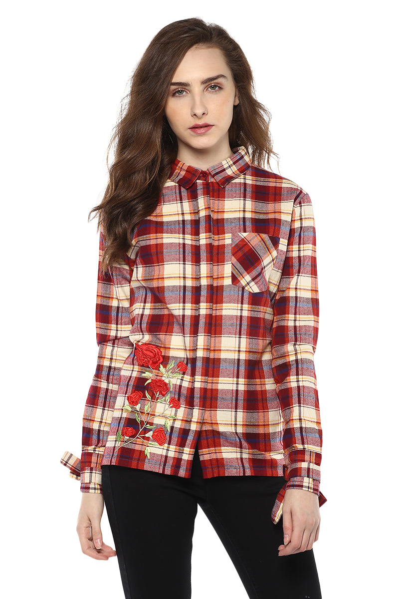 Rose Embroidered Checkered Winter Shirt - MODA ELEMENTI