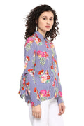 Floral Striped Bell Sleeve Casual Shirt - MODA ELEMENTI